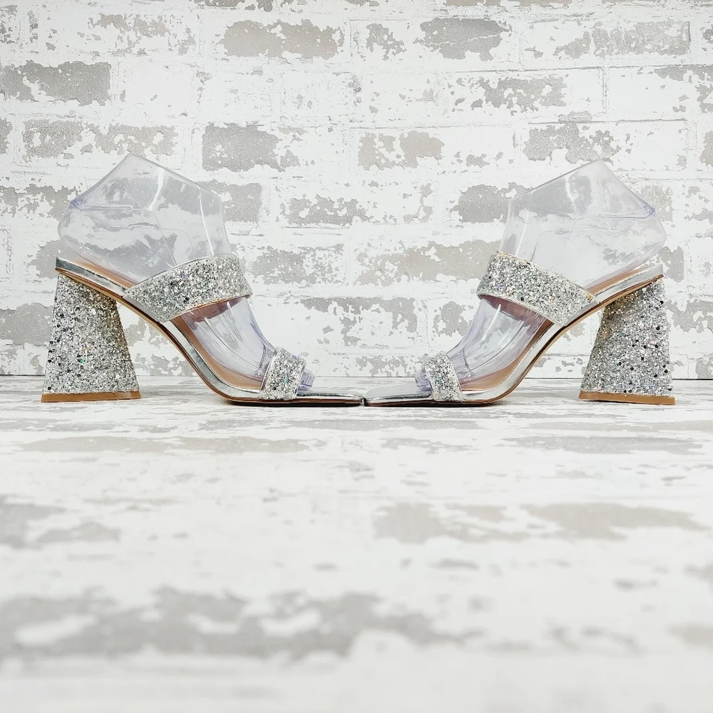 NEW Abound Carina Glitter Silver Slip On Block Heel Sandals M822 - Picture 7 of 14